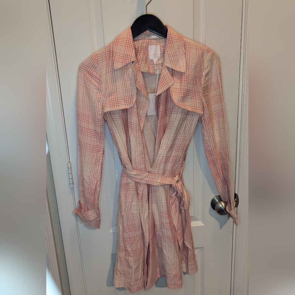 Lauren Conrad Pink Plaid Trench‎ Coat XS Rayon Nylon Long NWT